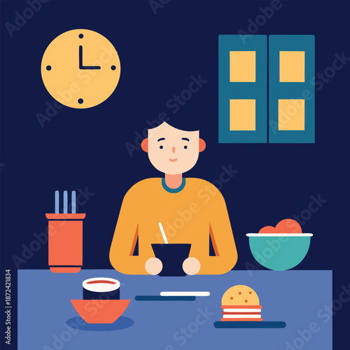 Man eating dinner at night with clock and window in background