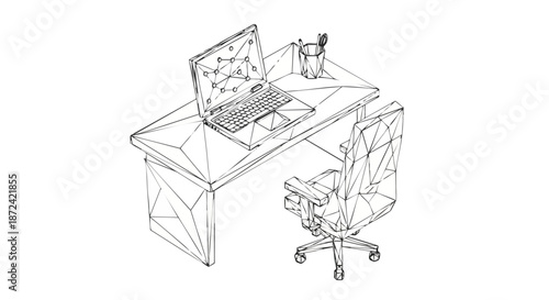Abstract geometric wireframe illustration of a modern office desk with a laptop and ergonomic chair, showcasing a minimalist and technological design concept.