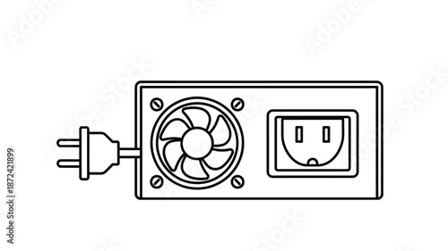 Illustration of a power outlet with a fan and plug depicted in simple black lines