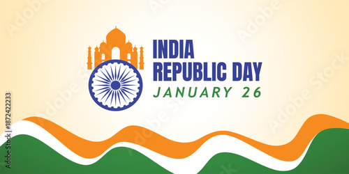India Republic Day January 26 Background with Monument and Tricolor Waves