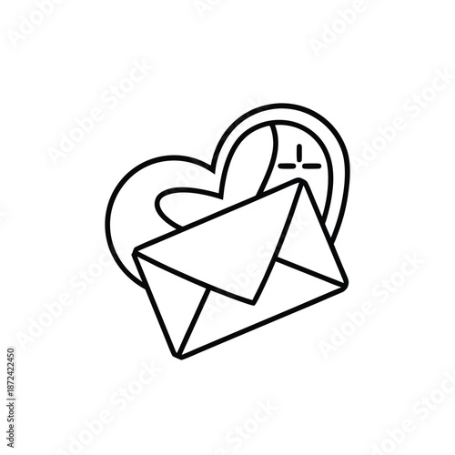 Minimalist Line Drawing of Envelope with Heart and Clock – Black and White Timely Love Message Icon
