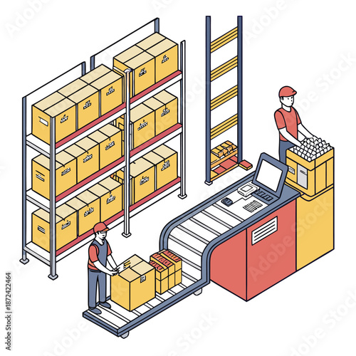 Warehouse Logistics and Inventory Management Illustration with Order Fulfillment Process