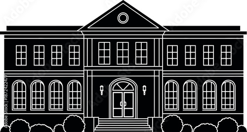 Historic building with arched windows and gathered crowd