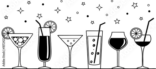 A variety of cocktail glasses filled with beverages and garnished with fruit slices, set against a backdrop of stars and confetti