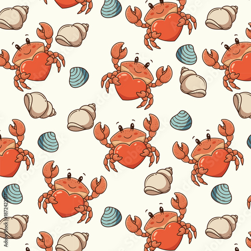 Cute Cartoon Crabs and Seashells Seamless Background Vector Art