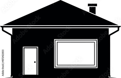 Simplified black and white house silhouette with large window and door