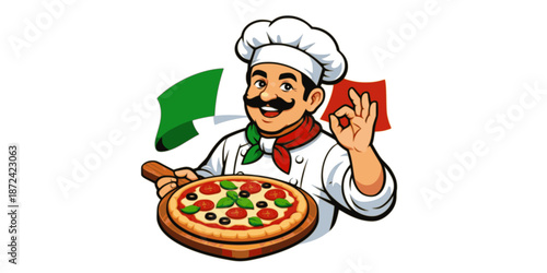 Italian chef with a pizza. Pizzaiolo vector illustration.
