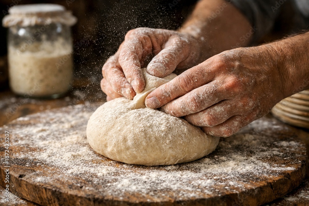 Obraz premium Artisan's Touch: A close-up shot captures the skillful hands of a baker kneading a fresh dough on a wooden board, with flour dusting the air, creating a rustic and appetizing scene.