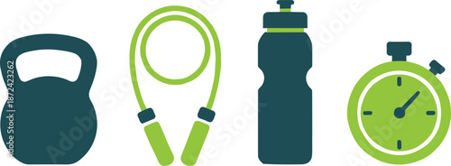 Fitness training equipment icons set featuring kettlebell, jump rope, water bottle, and stopwatch for workout routines, gym exercises, and healthy lifestyle design