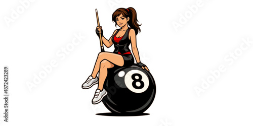 Girl holding billiard cue and sitting on a big 8 ball, isolated on white background. Pool or snooker player print or poster design. Vector illustration. 