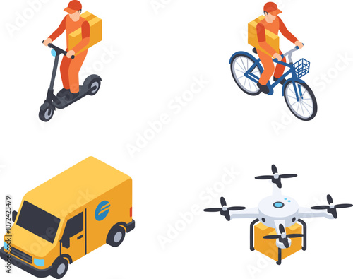 Last mile delivery icons set featuring courier on scooter and bicycle, delivery van, and drone shipping service for modern logistics and e-commerce transportation