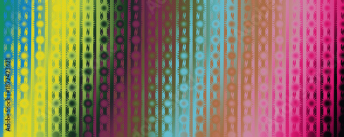 Vertical stripe pattern with starburst symbols over a full spectrum rainbow gradient, vibrant and colorful geometric design.