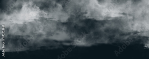 Moody dark clouds and thick fog on black background, atmospheric smoke or mist for spooky and dramatic scenes.