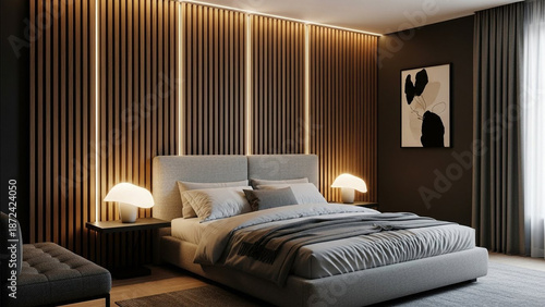 Spacious contemporary bedroom with vertical wood paneling and glowing led strips behind bed with gray upholstered headboard and large window featuring sheer white curtains and rug