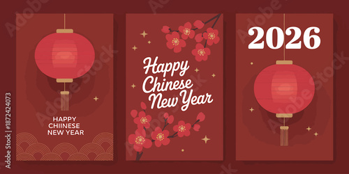 Vibrant Chinese New Year Greetings with Lanterns and Blossoms