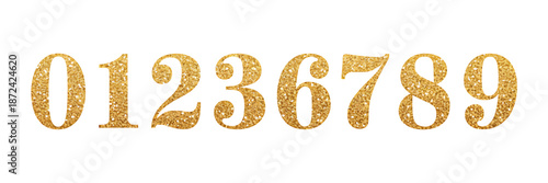 Golden Glitter Numbers Zero to Nine on Transparent Background