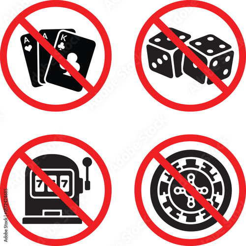 Banned gambling activity prohibition icon set showing cards dice slot machine and roulette silhouettes for restricted areas and anti gambling awareness