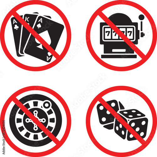 Banned gambling activity prohibition icon set showing cards dice slot machine and roulette silhouettes for restricted areas and anti gambling awareness