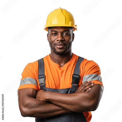 Construction worker in safety gear, isolated on transparent background