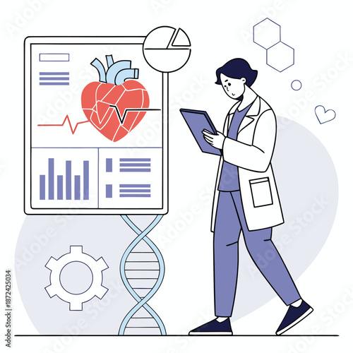 Doctor Analyzing Heart Health Data with Digital Medical Dashboard Vector Illustration
