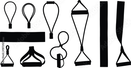 Collection of various black silicone or rubber bands and straps