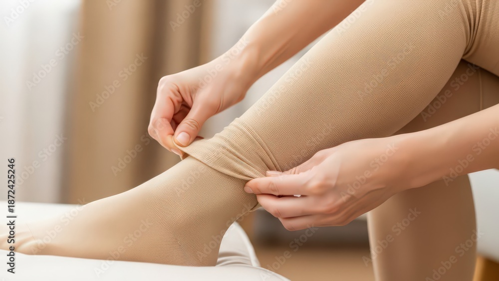 Fototapeta premium Close up shot of a persons hands pulling on compression stockings on their leg for support and circulation