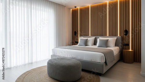 Minimalist hotel bedroom interior with king size bed light gray accents white sheer curtains and trendy wooden slat wall with vertical warm led light strips