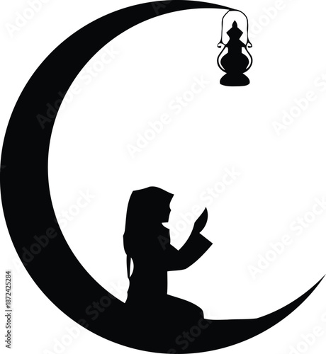 Silhouette of a girl on the crescent moon with a lantern