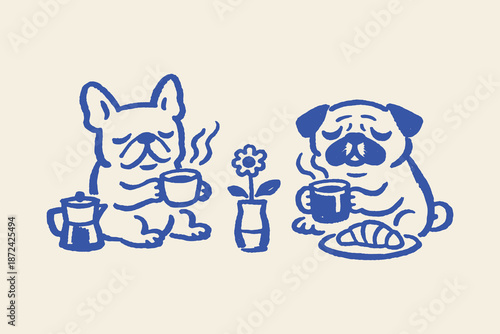 Dogs drinking coffee with croissant doodle vector illustration