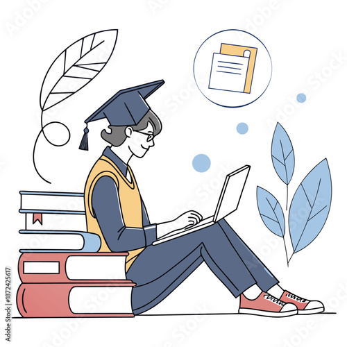 Graduation Student Studying Online with Laptop and Books Education Vector Illustration