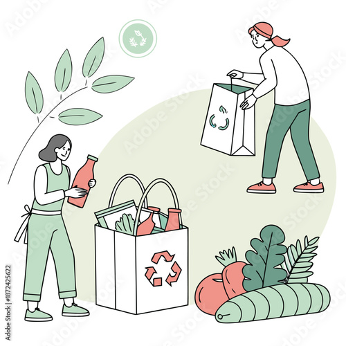 People Recycling Plastic Bottles and Waste Eco Friendly Sustainability Vector Illustration