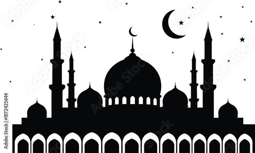 Islamic mosque silhouette at night with crescent moon