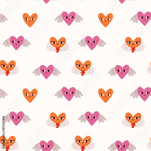 Seamless pattern with heart characters and wings