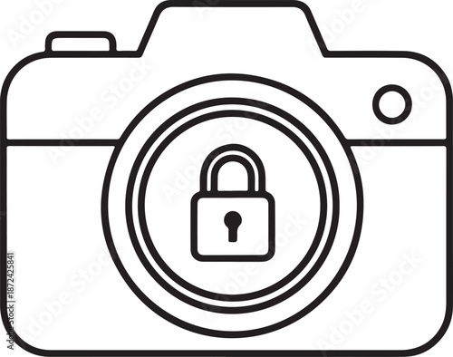 Photography copyright and camera lens privacy protection icon with a padlock symbol in black and white line art