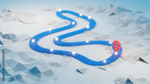 A bright blue winding path, illuminated by glowing markers, leads to a prominent red GPS location pin on a stark white abstract landscape.