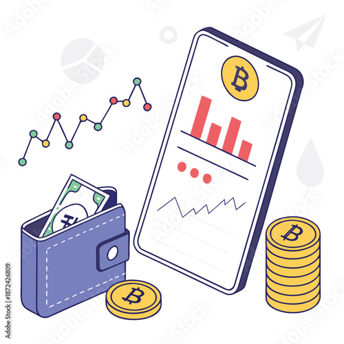Bitcoin Trading and Mobile Crypto Wallet Financial Growth Vector Illustration