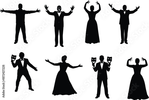 Black Silhouettes of Theater Actors and Opera Singers Holding Masks, Performing on Stage in Elegant Formal Wear for Dramatic Arts, Entertainment, and Performance