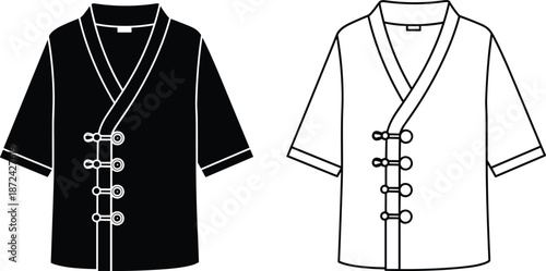 Vector illustration of traditional Japanese kimono and yukata apparel icons, featuring black silhouette and line art styles for Asian fashion design,