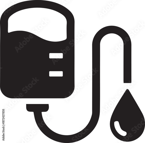 Medical IV fluid infusion icon featuring an intravenous drip bag and droplet symbol, representing hospital treatment, blood donation, and emergency healthcare. Minimalist black vector graphic.