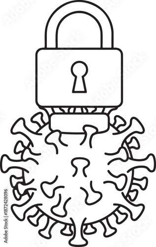 Coronavirus Lockdown Concept Illustration with Padlock Over Virus Icon, Lockdown and Pandemic Quarantine Security