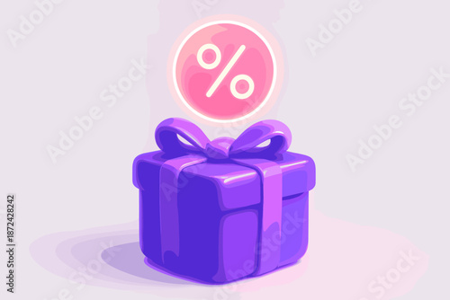 Glowing discount giftbox gradient neon minimal luminous layout reflections icon vector volumetric