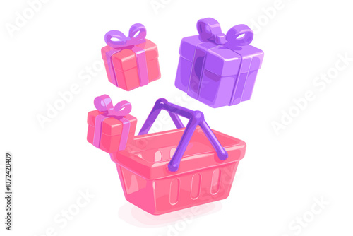 Geometry gift icon minimal basket transparency glossy volumetric illustration floating vector