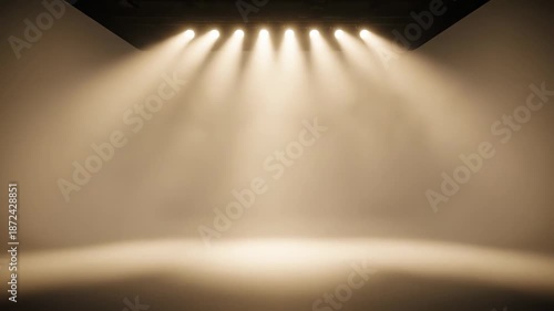 Empty stage illuminated by multiple overhead spotlights in dark room