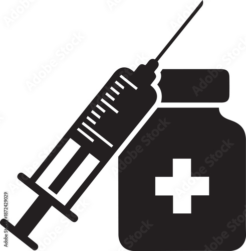 Medical syringe and vaccine vial icon, representing vaccination, immunization, and healthcare treatment. Minimalist black vector illustration for pharmacy, clinic, and hospital concepts.