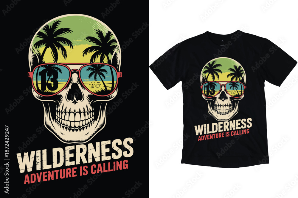 Fototapeta premium Retro Summer Skull Beach Adventure Vector T-Shirt Design print
