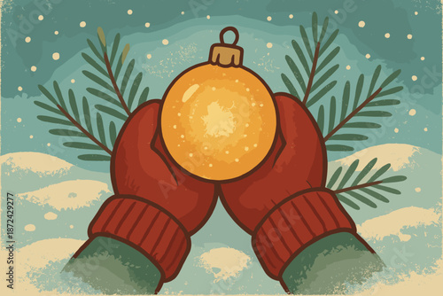 Holiday snow vector no holding warmth sprigs mittens negative retro cranberry sky