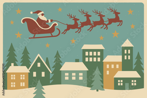 Over cartoon amber santa sleigh green red visible punctuation retro icon vector