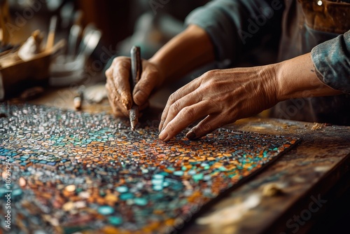 Artisan Hands Crafting Vibrant Glass Mosaic Tiles on Workshop Workbench