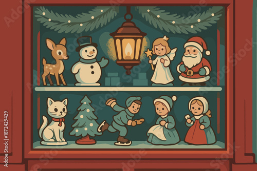 Characters vector display christmas vintage icon bubbles figurines amber green garlands blue