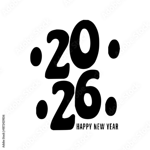 Stylized 2026 New Year greeting illustration with dynamic, rounded typography and a cheerful 'Happy New Year' message, ideal for celebratory designs and festive announcements
